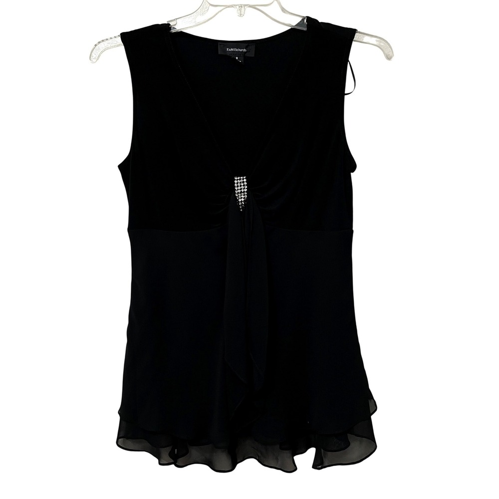 R&M Richards Womens Black Sleeveless Rhinestone Tiered Chiffon Blouse Size 8